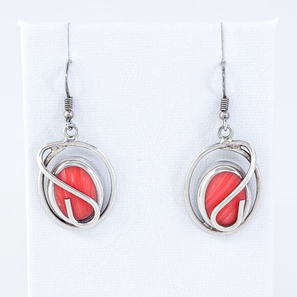 Vintage Mexico Sterling Silver 925 Spiny Red Oyster Swirl Dangle Earrings - Picture 2 of 7